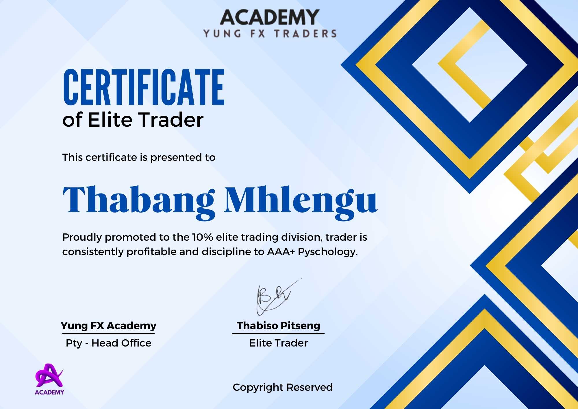 Certificate for Thabang