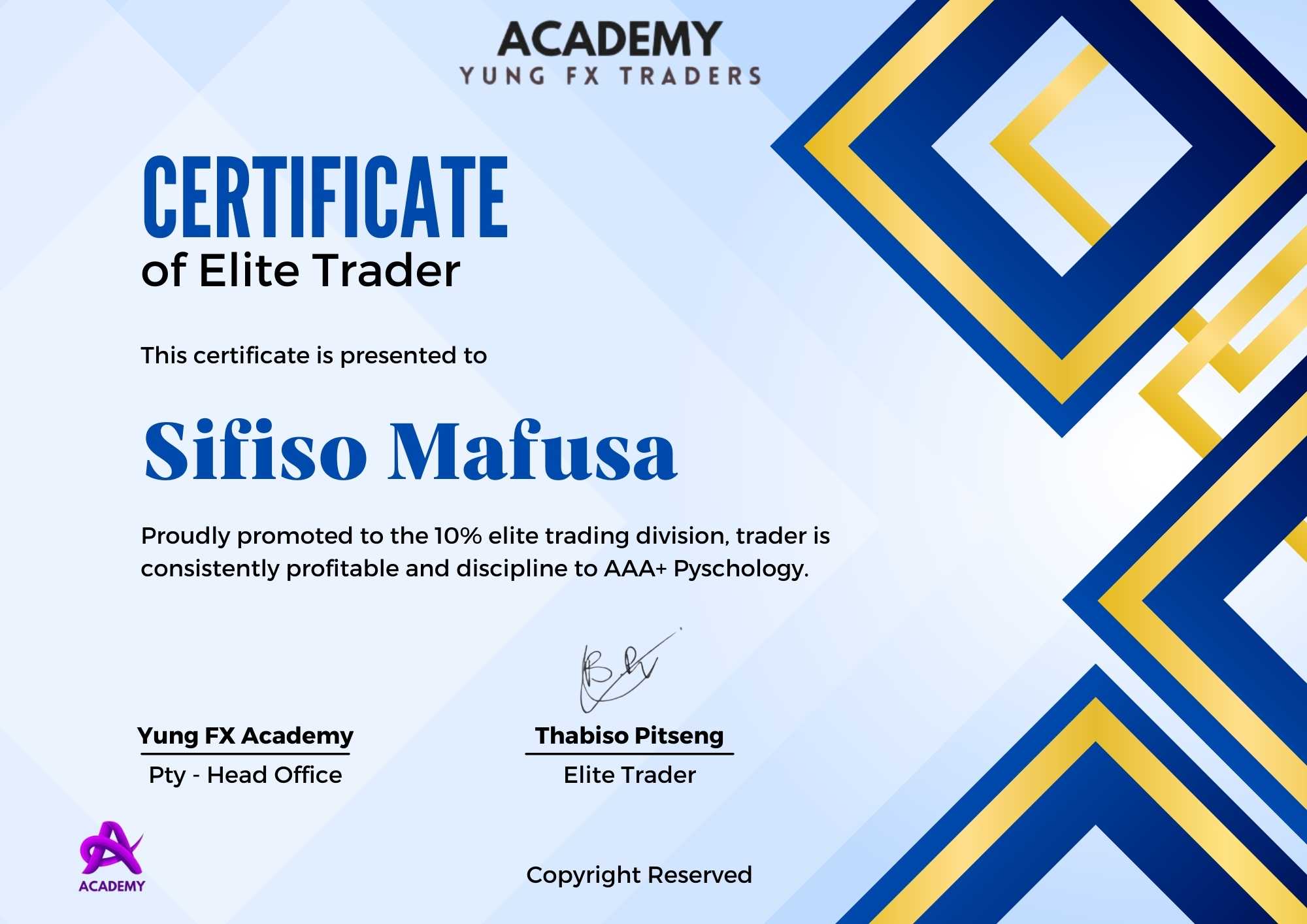 Certificate for Sifiso